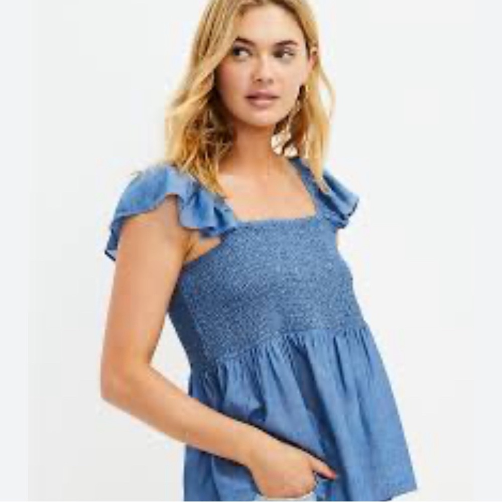 LOFT Smocked Chambray Ruffle Sleeve Top | Size Large - Picture 8 of 8